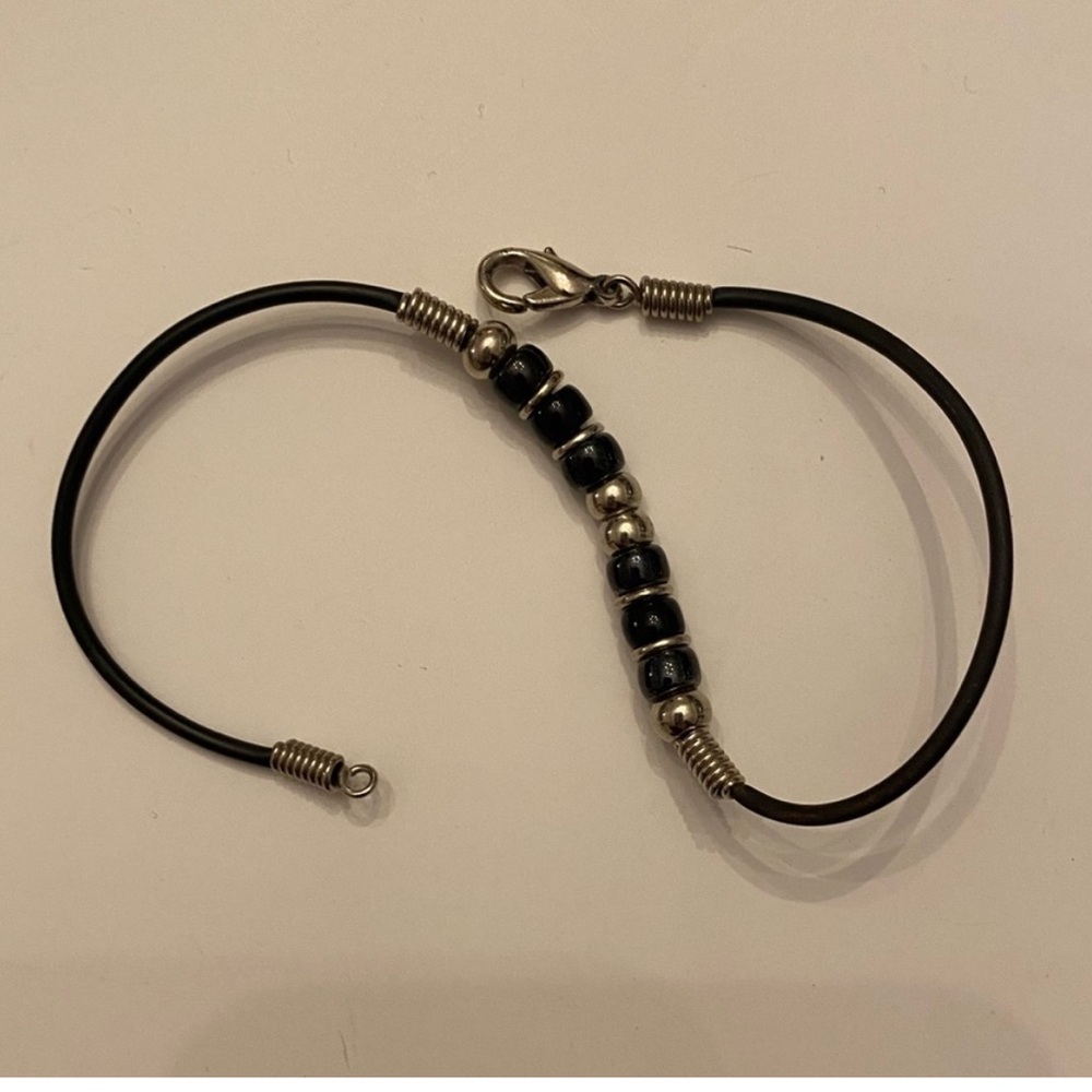 VTG Y2K Black Glass Silver Beaded Corded Coiled Ankle Bracelet Rare OS - Picture 2 of 8